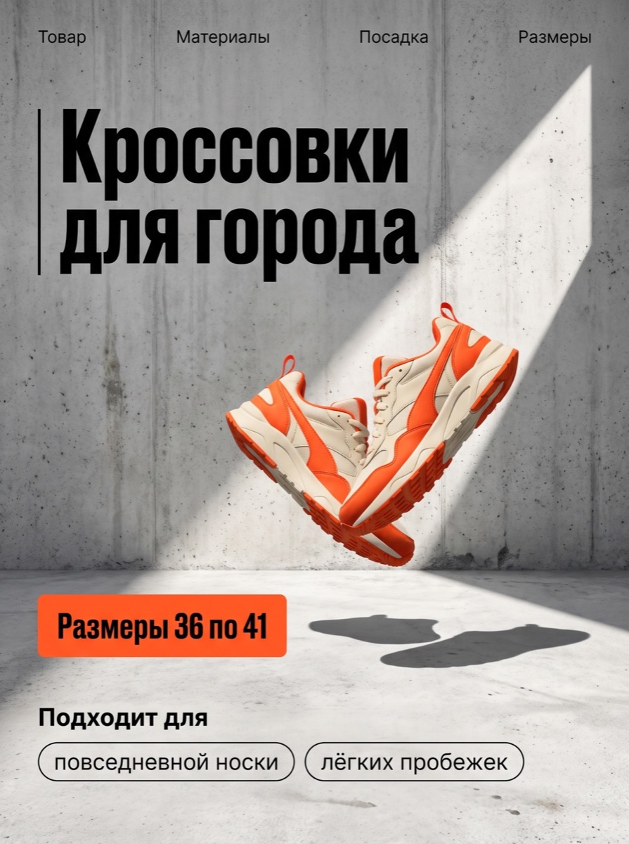 Бетон и жёсткий свет — шаблон карточки товара, категория «Одежда и обувь»